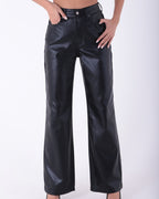 Μαύρο ψηλόμεσο φαρδύ δερμάτινη  παντελόνι