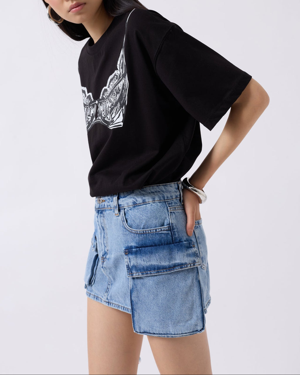 Blue denim mini skirt with cargo pockets