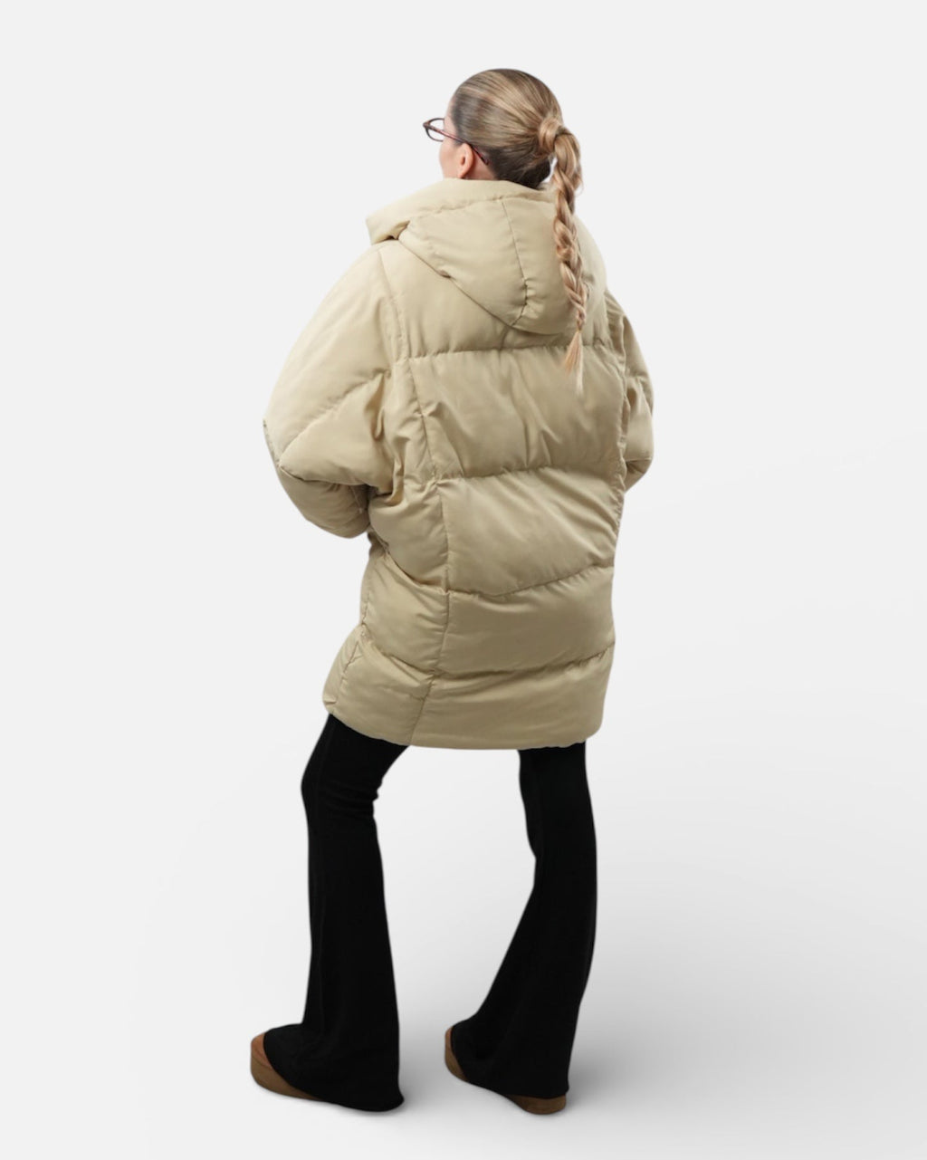 Μπεζ puffer μπουφάν με κουκούλα