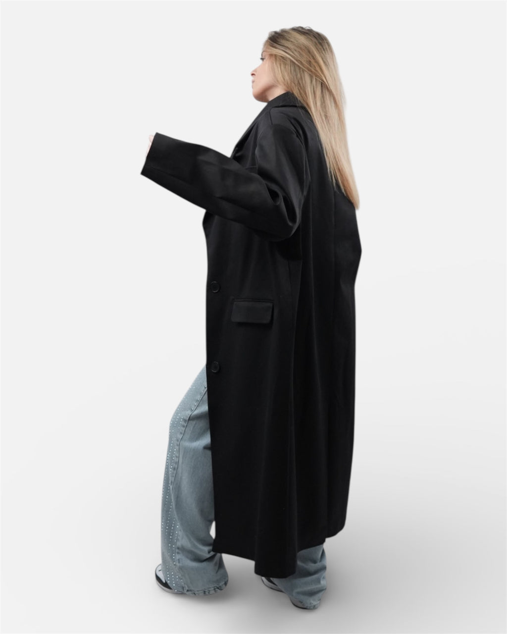 Μαύρο oversize μακρύ παλτό με κουμπιά και τσέπες