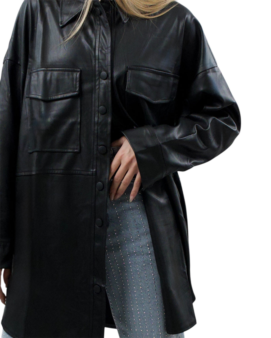 Δερμάτινο μακρύ μαύρο jacket με κουμπιά και τσέπες
