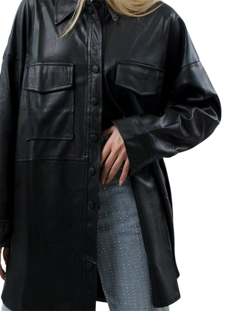 Δερμάτινο μακρύ μαύρο jacket με κουμπιά και τσέπες