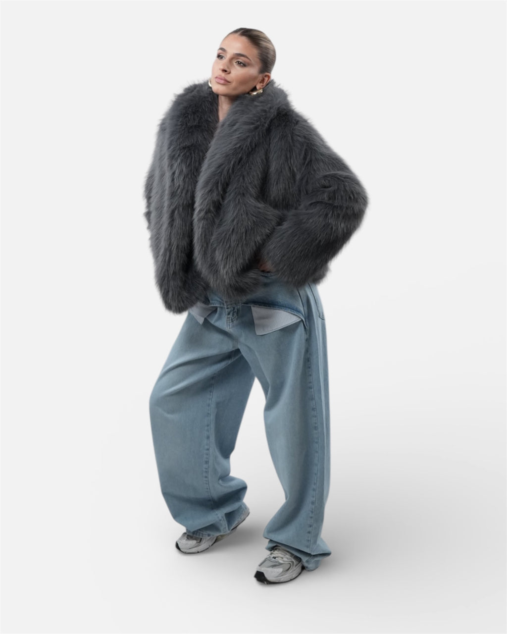 Γκρι oversized γούνα