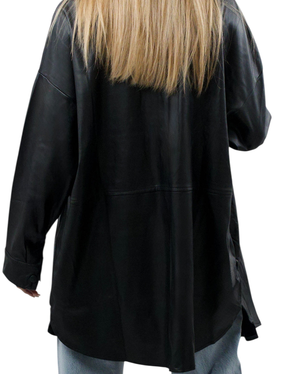 Δερμάτινο μακρύ μαύρο jacket με κουμπιά και τσέπες