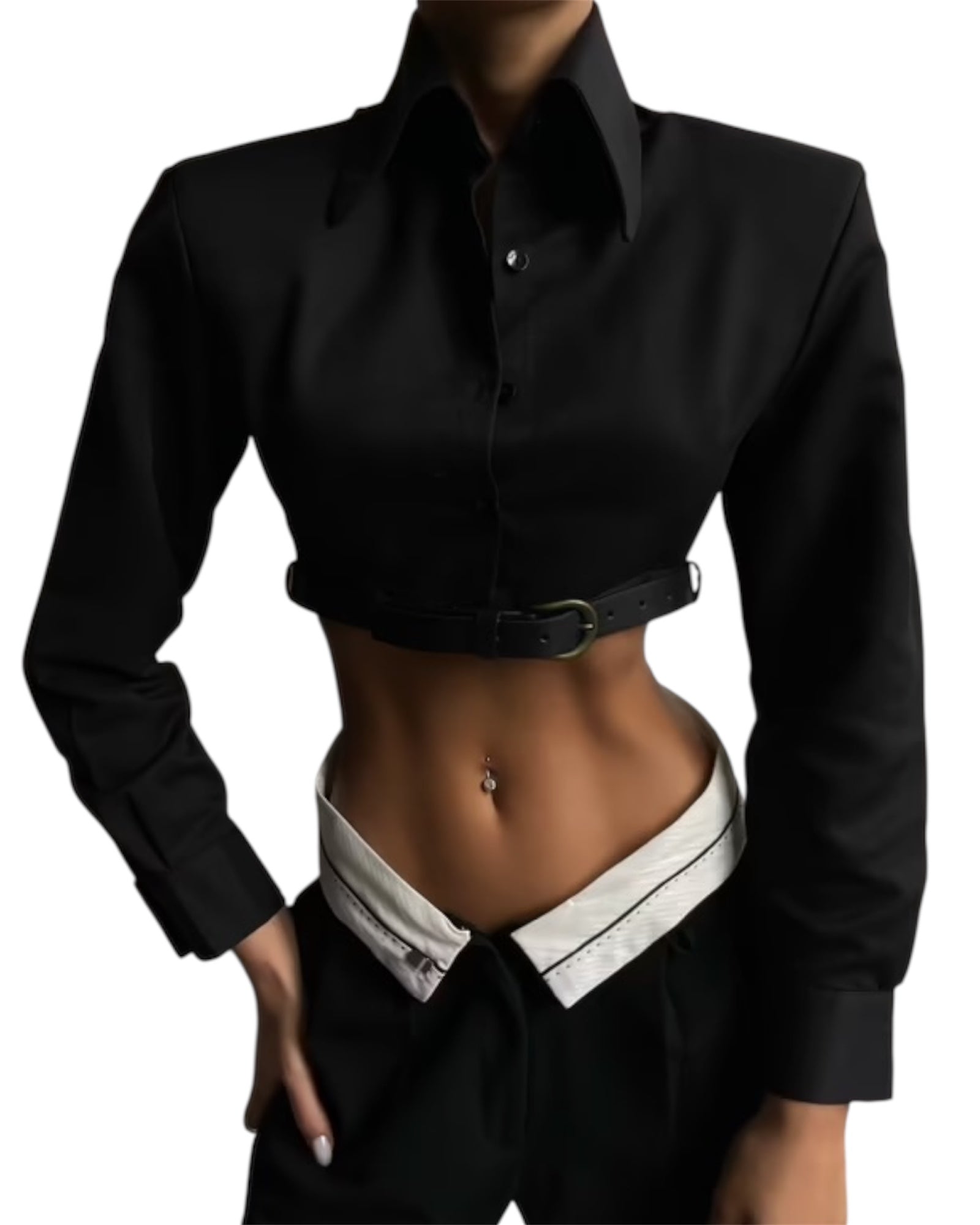 Μαύρο κοντό πουκάμισο με βάτες και ζώνη
