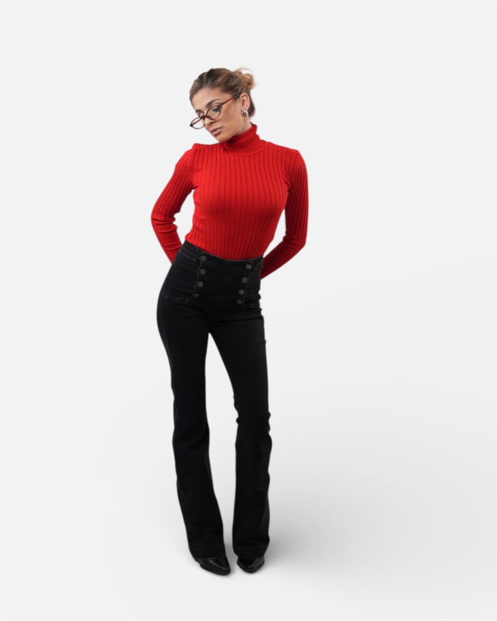 Μαύρο ελαστικό ψηλόμεσο τζιν καμπάνα