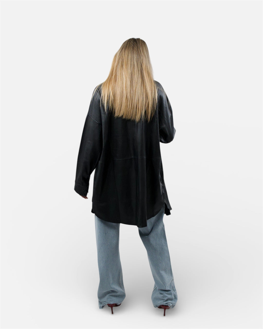 Δερμάτινο μακρύ μαύρο jacket με κουμπιά και τσέπες