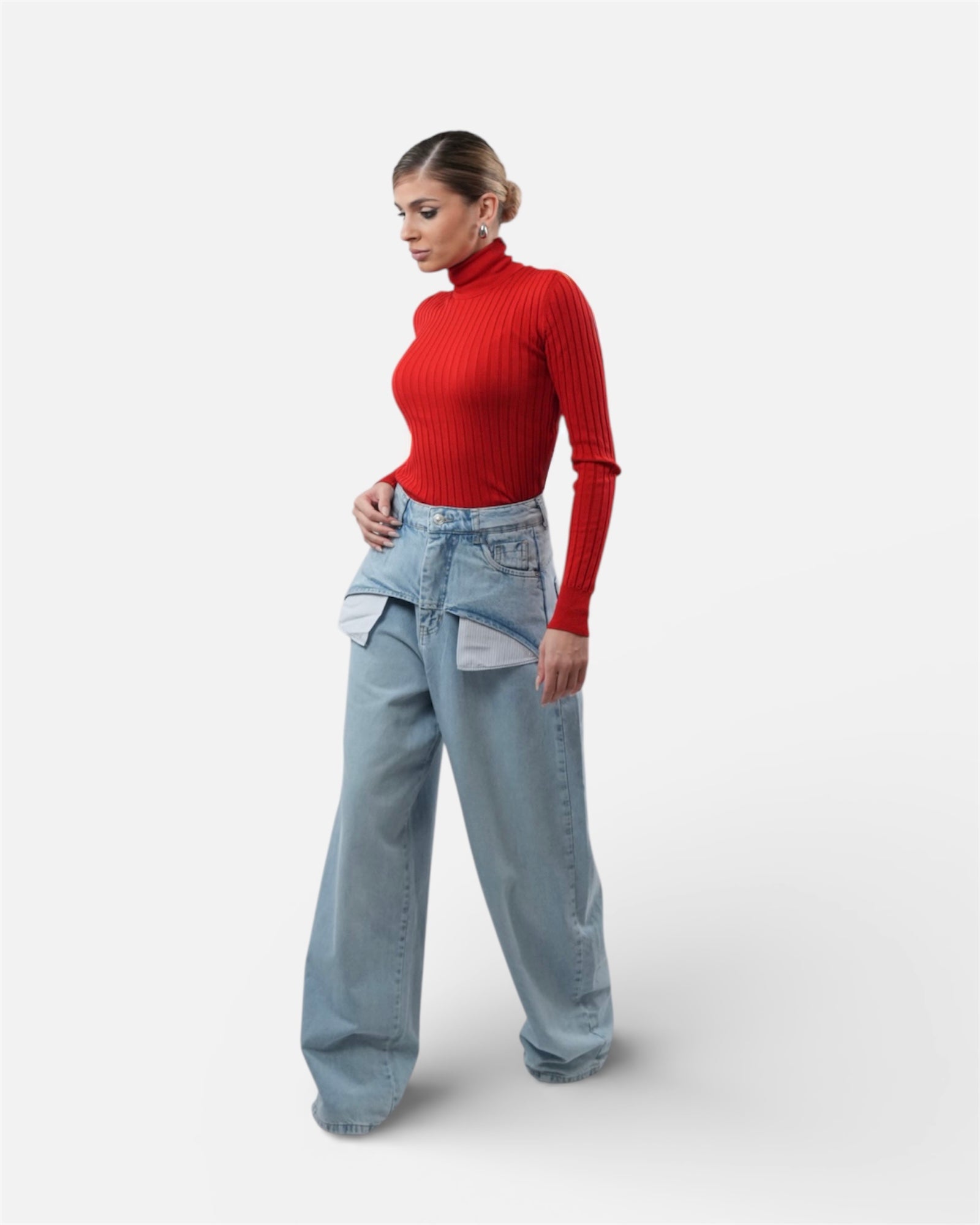 Τζιν ψηλόμεσο με φαρδύ άνοιγμα και λεπτομέρειες τσέπης