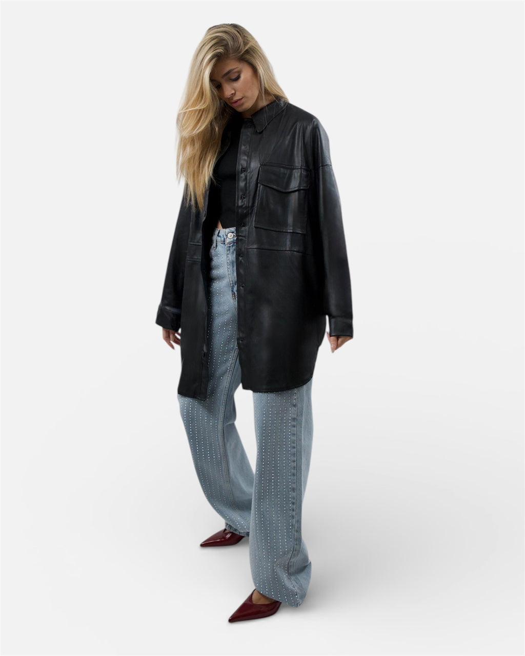 Δερμάτινο μακρύ μαύρο jacket με κουμπιά και τσέπες