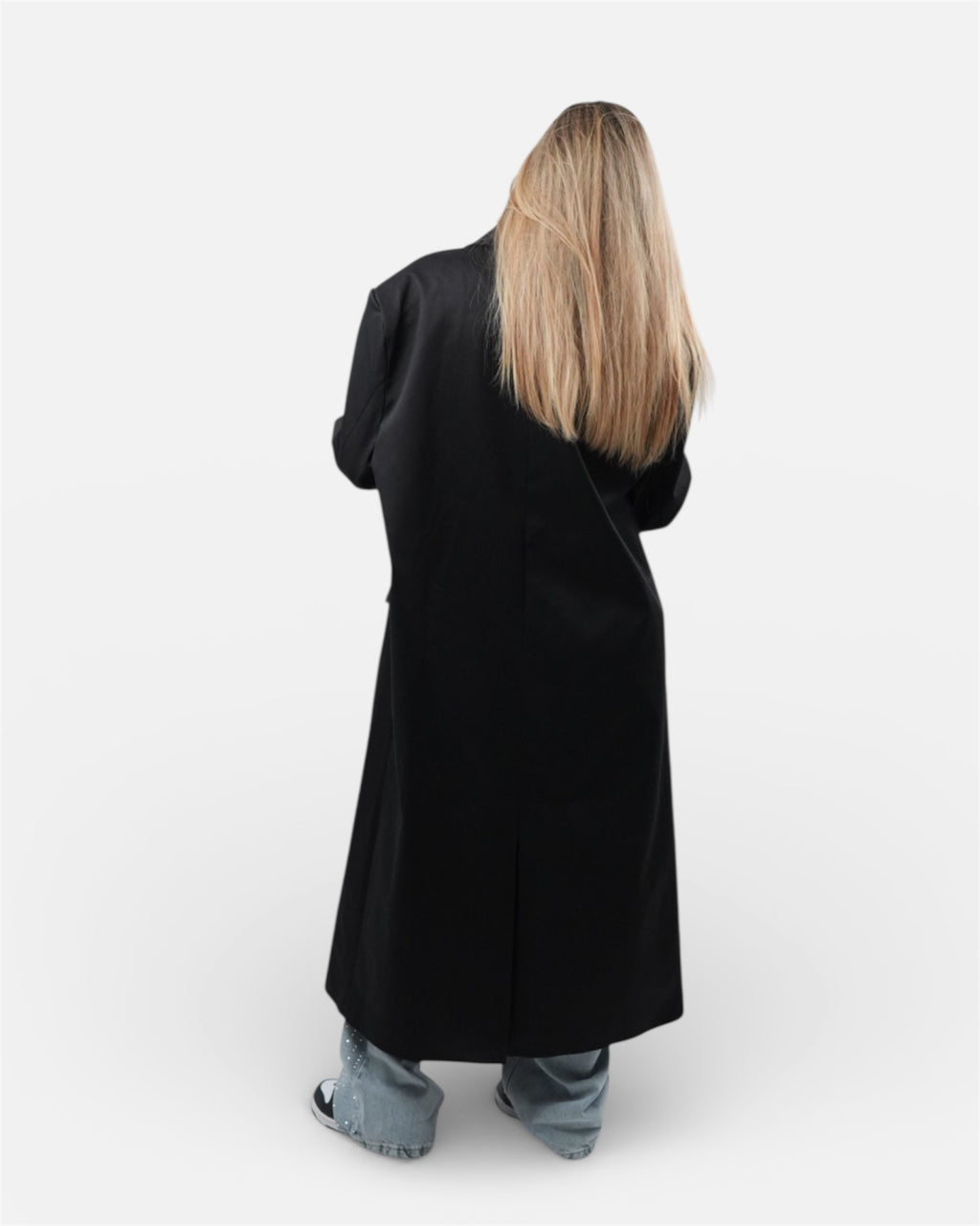 Μαύρο oversize μακρύ παλτό με κουμπιά και τσέπες