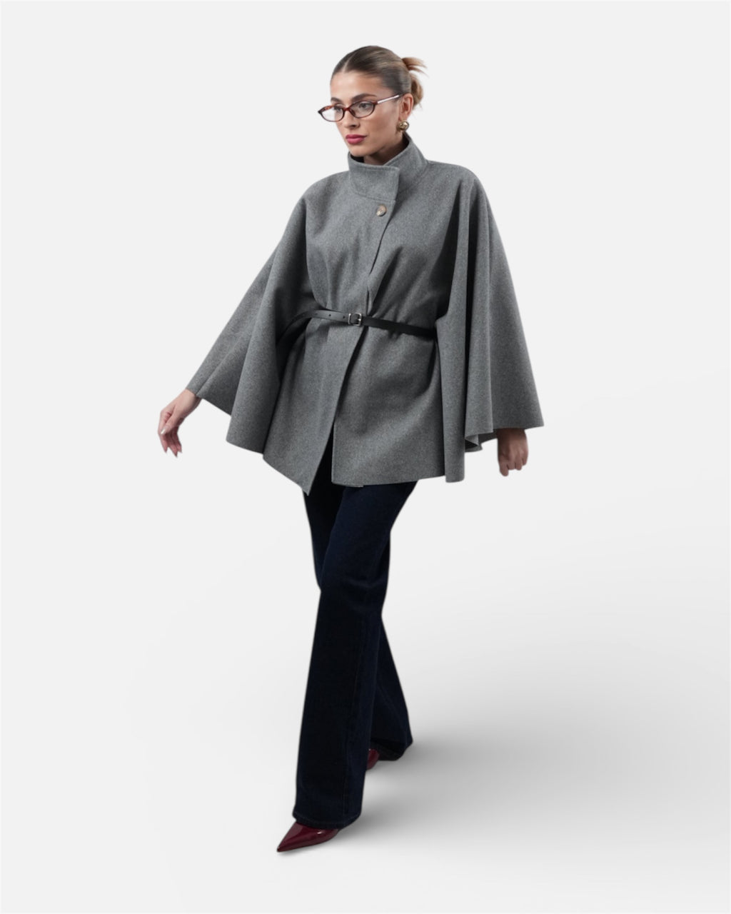 Γκρι καμπαρντίνα με ψηλό γιακά και ζώνη