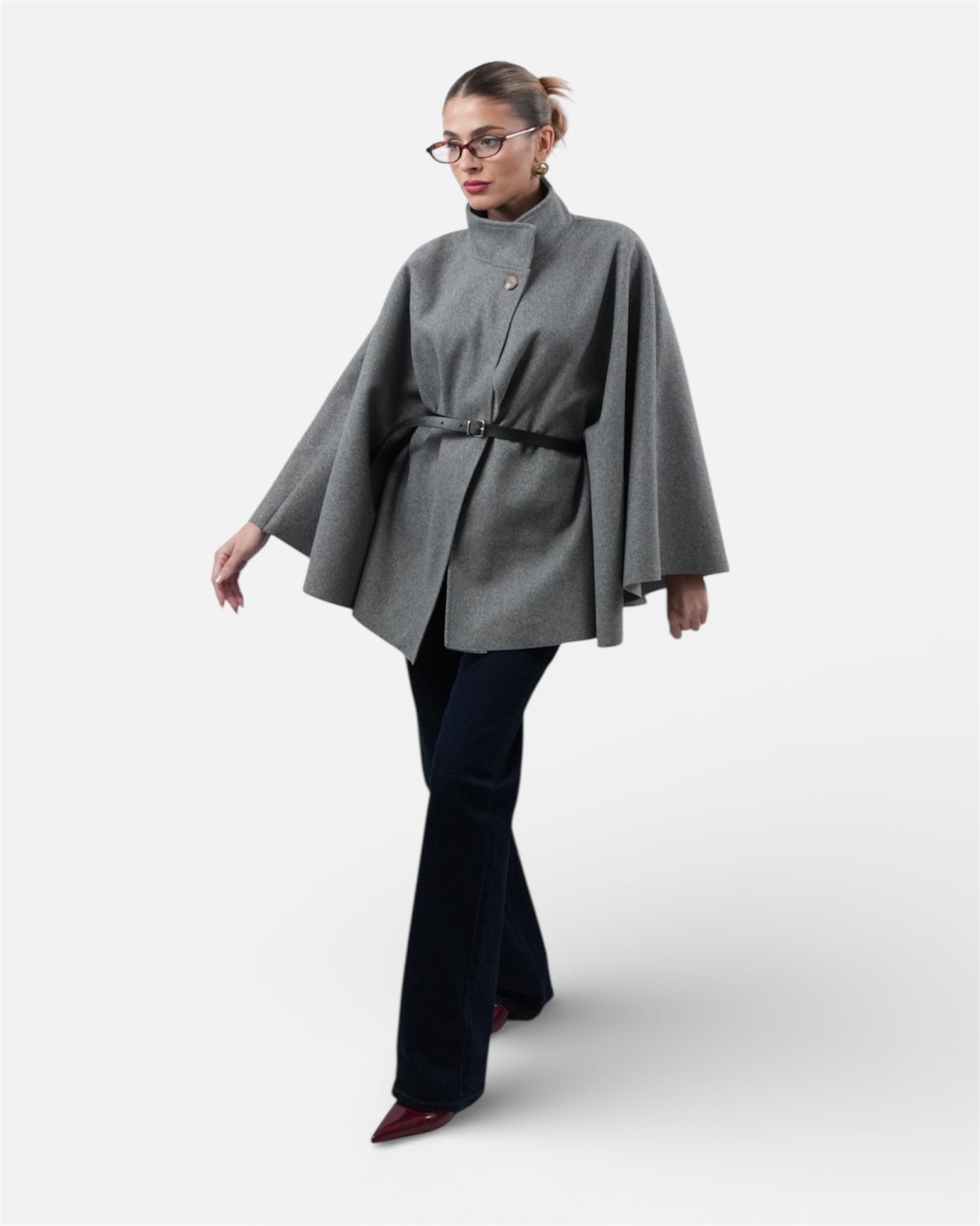 Γκρι καμπαρντίνα με ψηλό γιακά και ζώνη