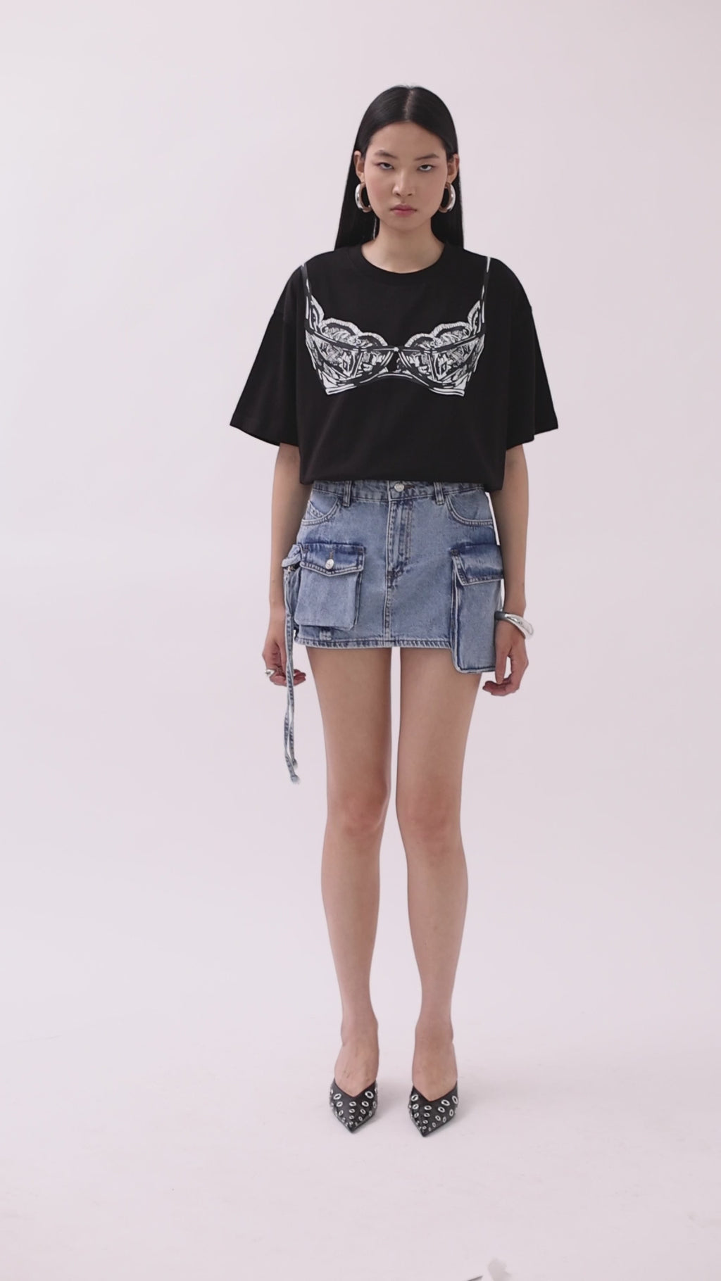 Blue denim mini skirt with cargo pockets